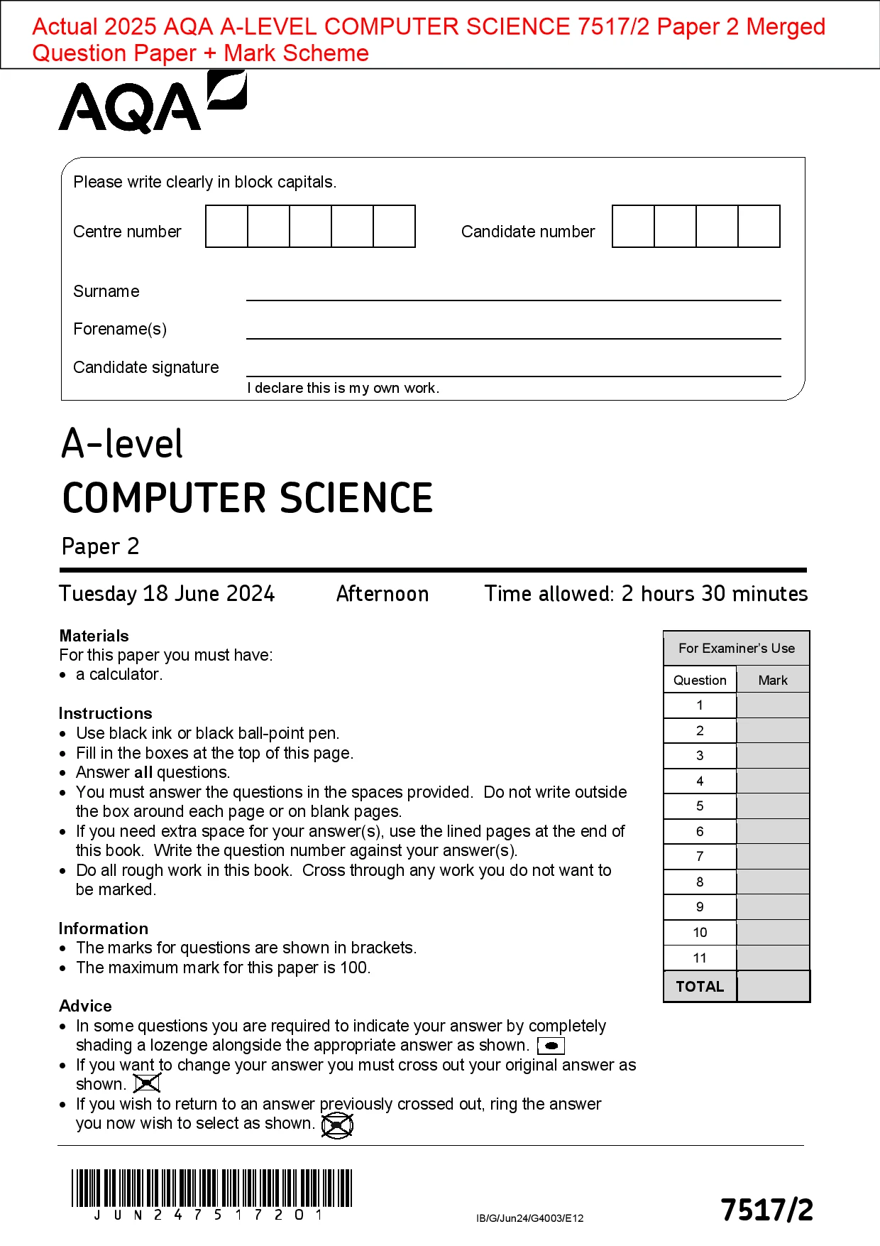 Actual 2025 AQA ALEVEL COMPUTER SCIENCE 7517/2 Paper 2 Merged Question