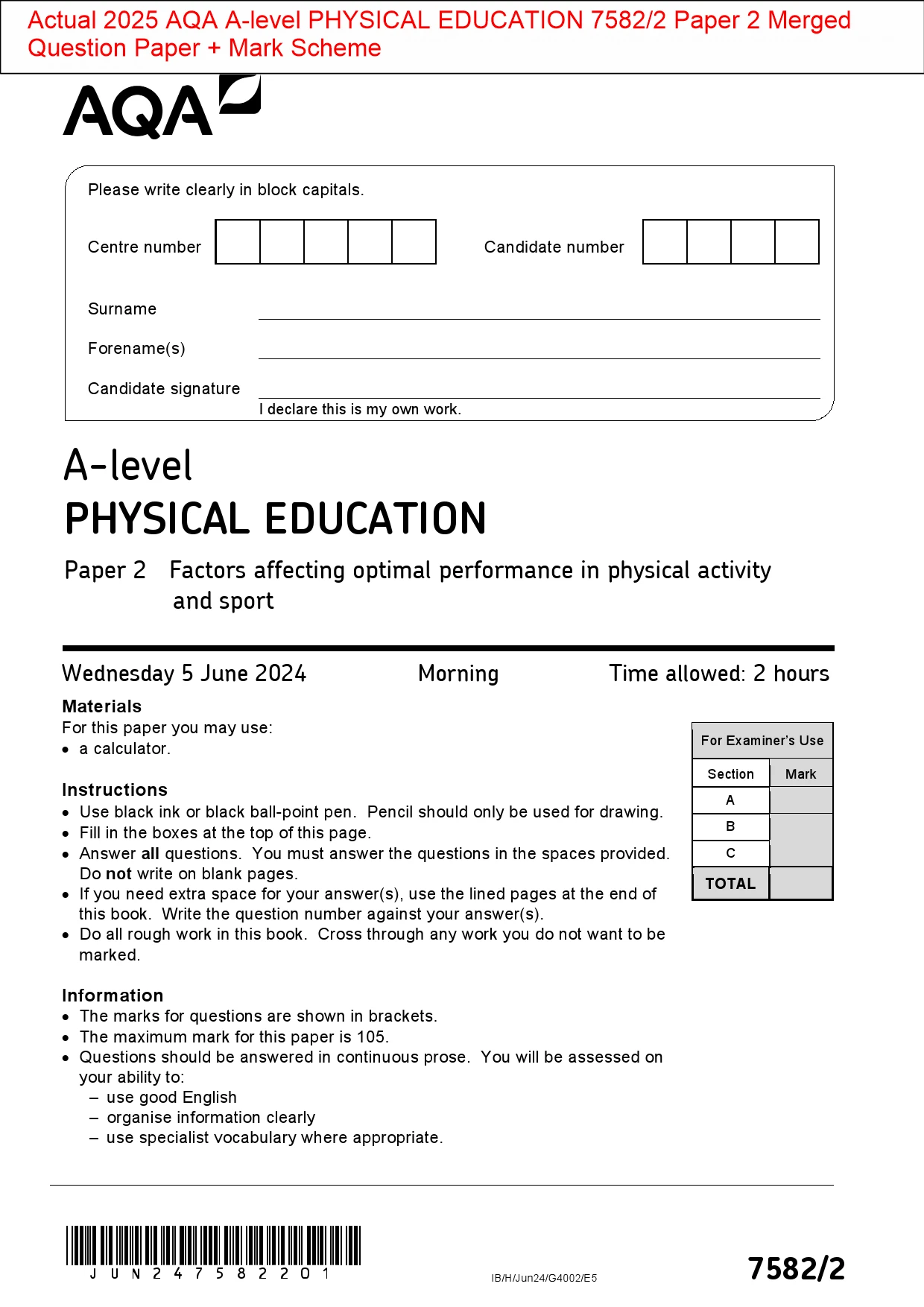 Actual 2025 AQA Alevel PHYSICAL EDUCATION 7582/2 Paper 2 Merged