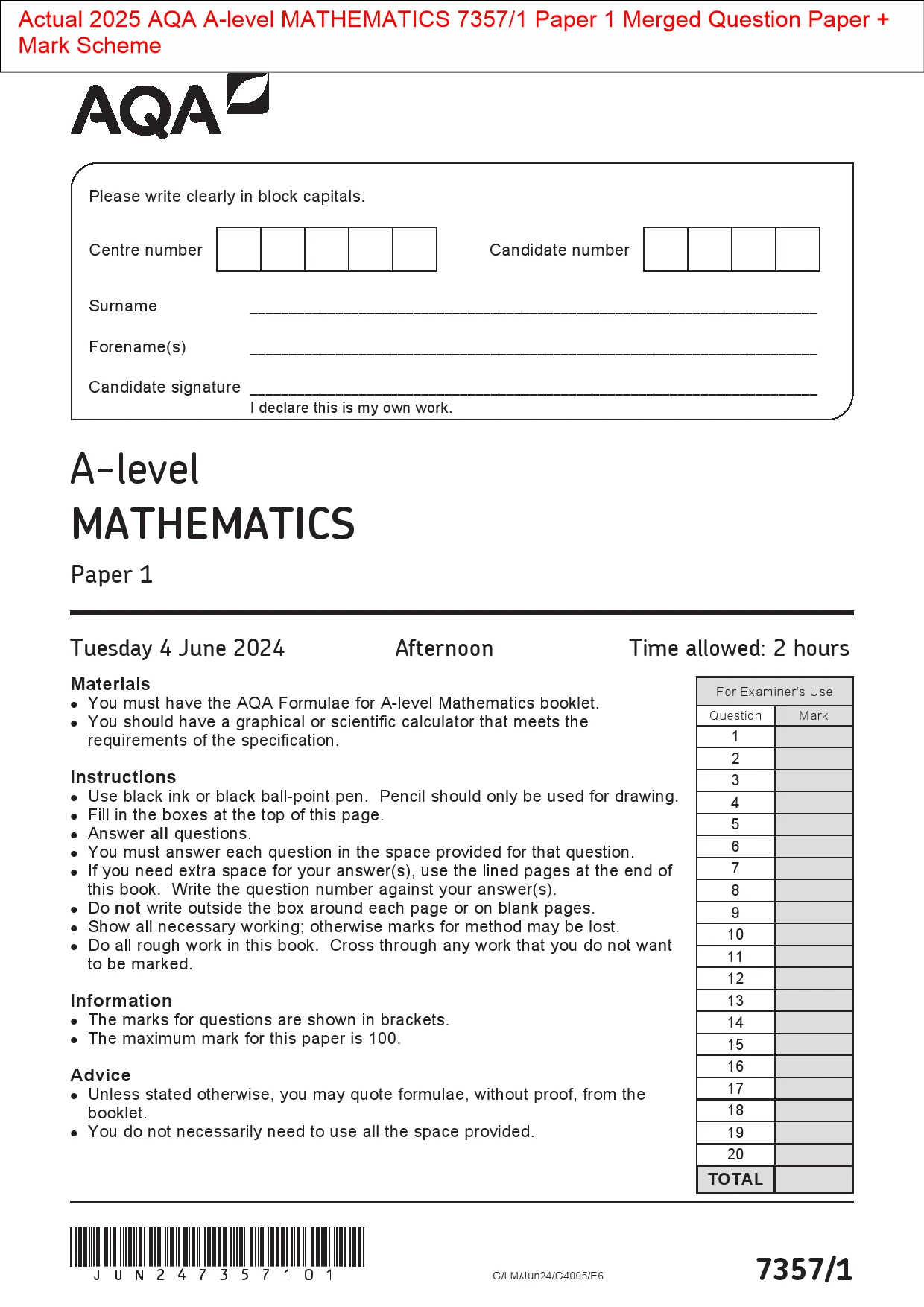 Actual 2025 AQA Alevel MATHEMATICS 7357/1 Paper 1 Merged Question