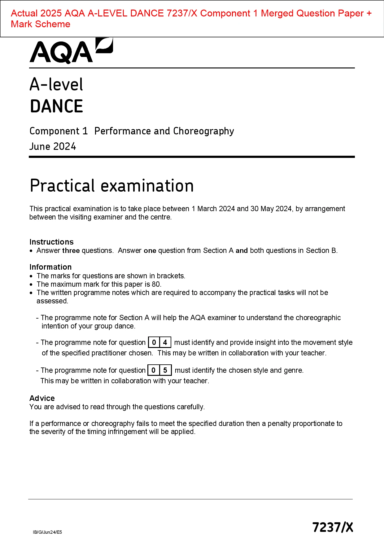 Actual 2025 AQA ALEVEL DANCE 7237/X Component 1 Merged Question Paper