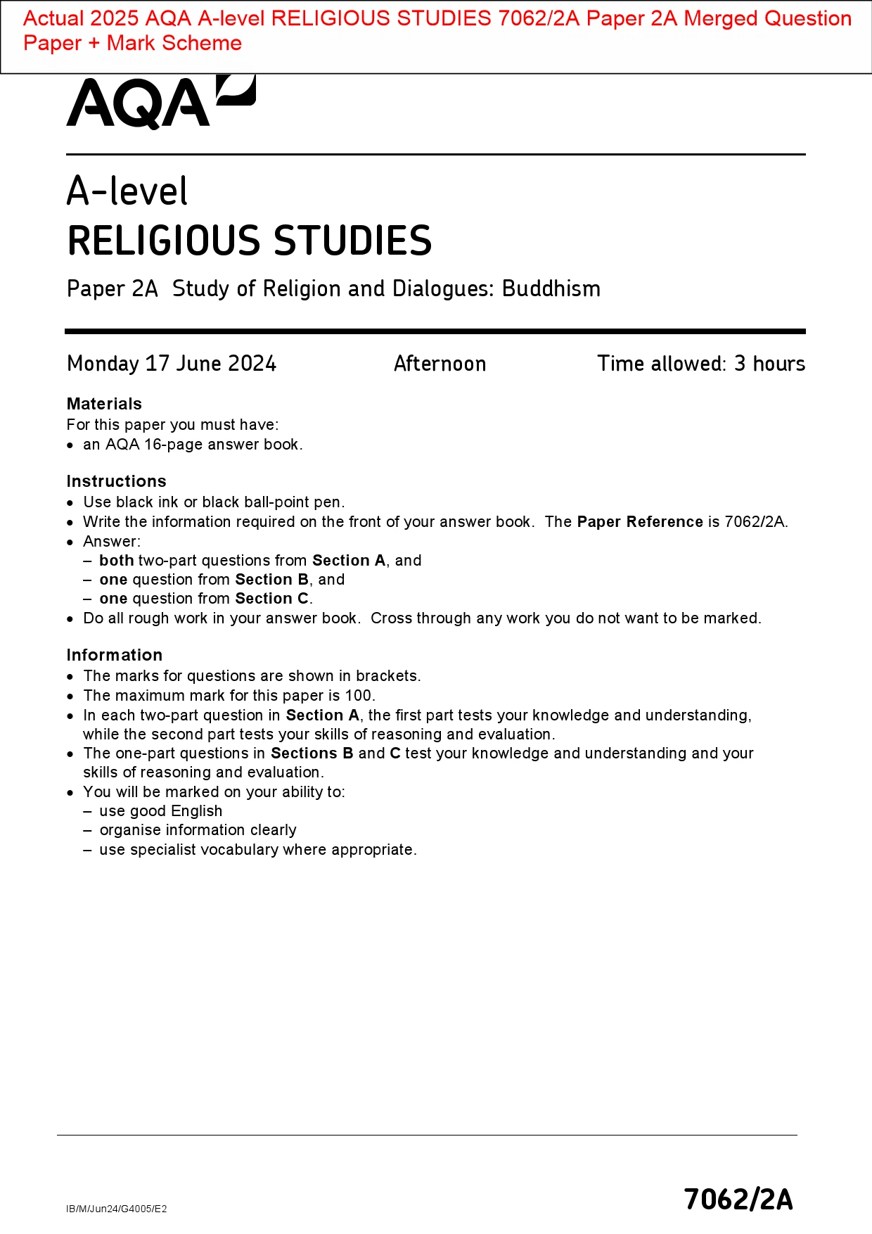 Actual 2025 AQA Alevel RELIGIOUS STUDIES 7062/2A Paper 2A Merged